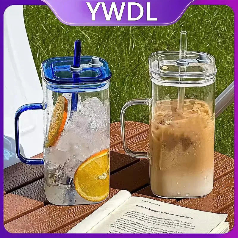 YWDL 350ml Glass Straw Cup With Lid And Straw Iced Coffee Handle Cup Drinking Mug For Juice Milk Tea Quake