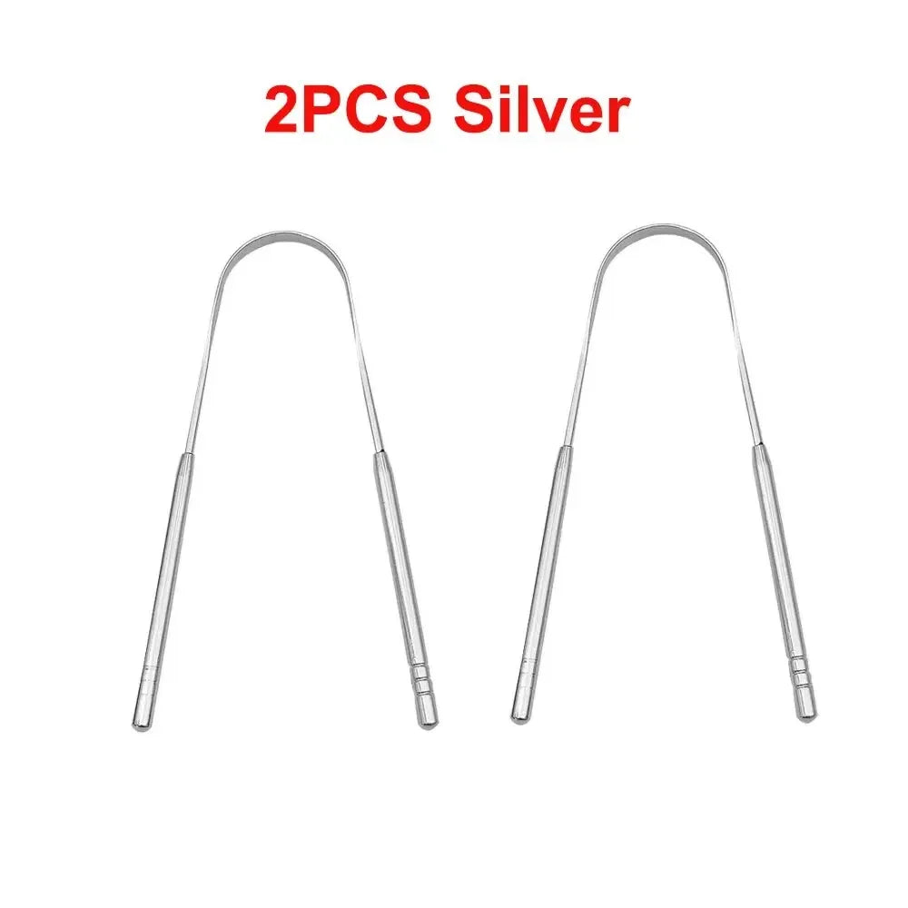 Toothbrush Oral Hygiene Care Tools Tongue Scraper U-shaped 4 Colors Stainless Steel Metal Fresh Breath Cleaning Coated Tongue Quake M24 Silver-2Pcs