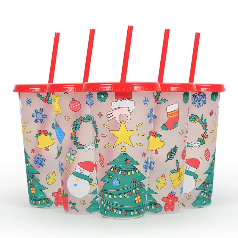 24 Oz Coffee Straw Cup Reusable Christmas Color Changing Cup with Lid Plastic Cold Bucket Party Drink Cup Quake