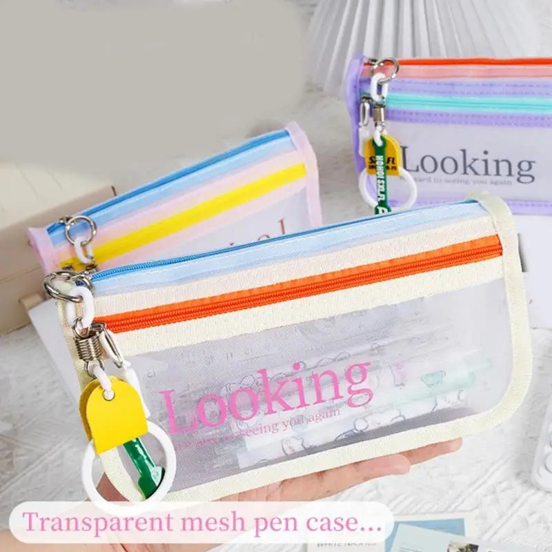 High Capacity Pen Bag Clear Mesh Pencil Case Double Layered Pen Organizers K1KF Quake