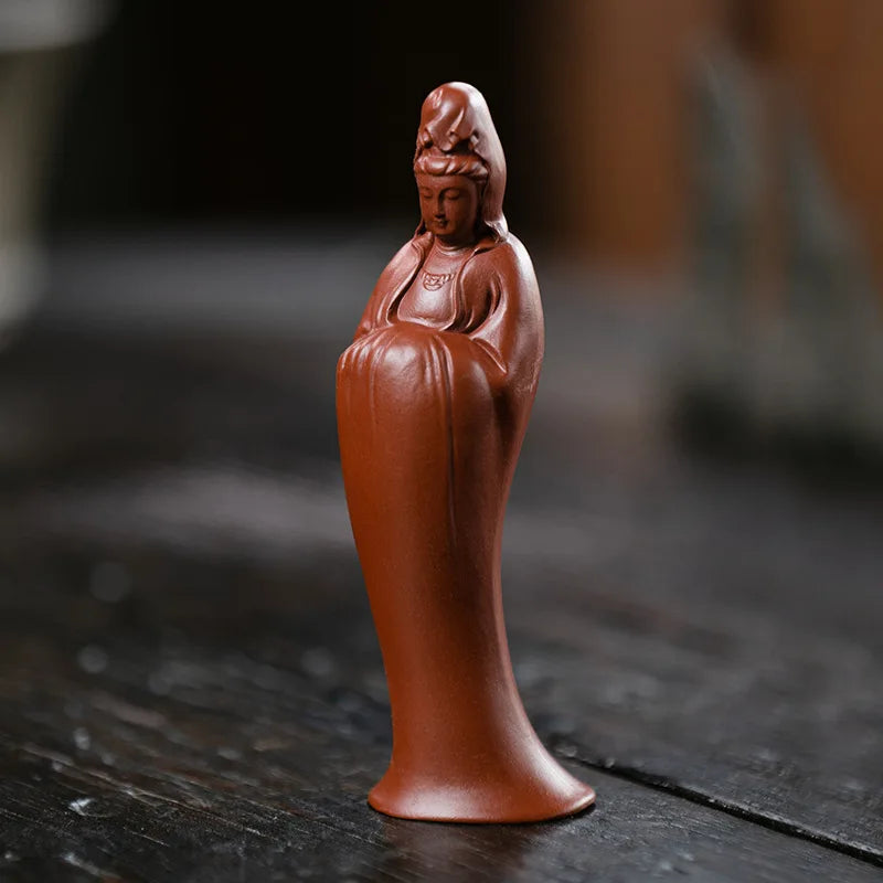 Zisha Tea Pet Zizai Guanyin Small Ornament Handmade Figure Buddha Statue Sculpture Ceramic Tea Play Accessories Quake Dahongpao Tea
