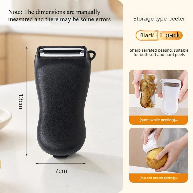 Storage‑type Peeler Multifunctional Kitchen Fruit Vegetable Peeler Stainless Steel Peeling Tool with Peel Container No Mess Quake black