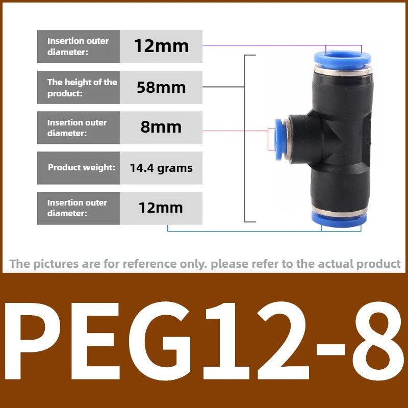 PEG Pneumatic Air Connector Quick Fitting Tee Reducer 3 Way T-shaped Plastic Pipe Hose Connector 6-4/8-6/10-8/10-6/12-8/12-10 Quake PEG12-8 3pcs
