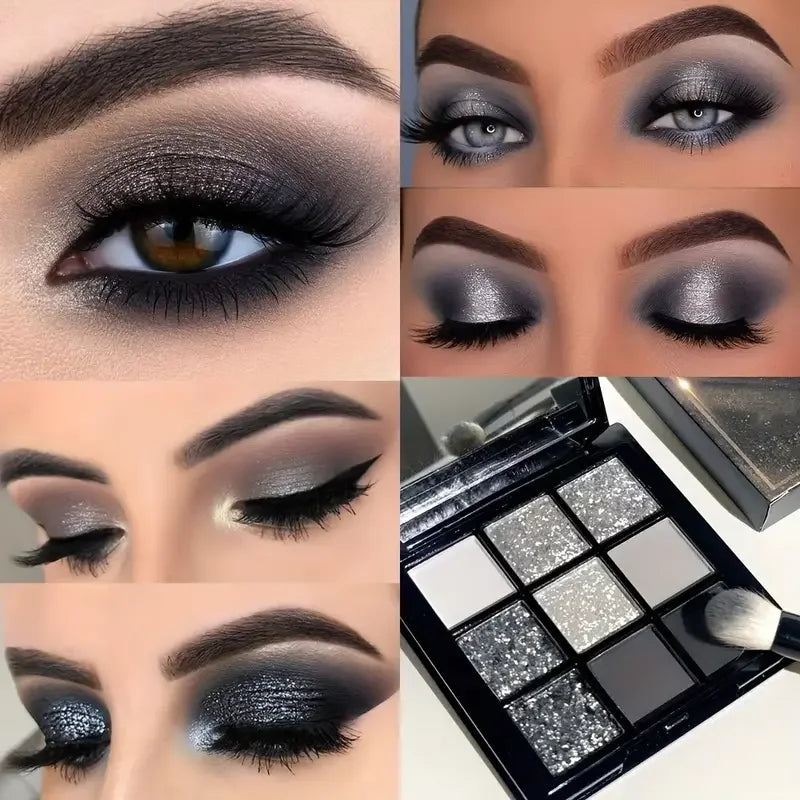 Black Swan 9-Color Eyeshadow Palette Mesmerizing Glitter Glam,Dramatic Smoky Punk Effects,Hues in Light Gray&Dark Silver Makeup Quake