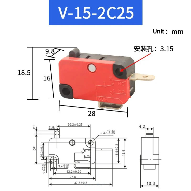 Small Travel Limit Switch V-152/156-1C25 Self-resetting 3-pin Miniature Push Button Tactile Microswitch Quake V--15--2C25 1PCS