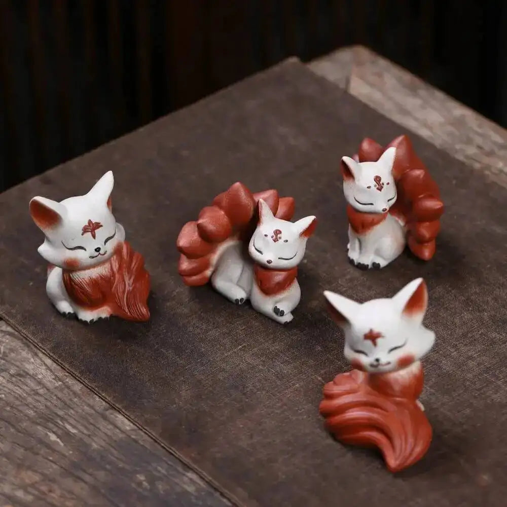 Purple Clay Tea Pet Fox Ornament Nine-tailed Spirit Fox Sculpture Creative Painted Tea Tray Decoration Accessories Tea Set Can Quake
