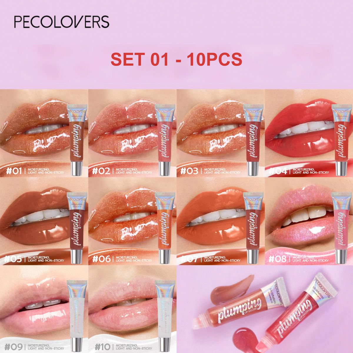 10 Pcs/SET Moisturizing Lip Gloss with Shimmer, Nourishing Effect & Long-Lasting, Hydrating Liquid Lip Shine Oil, All Types Quake SET 01