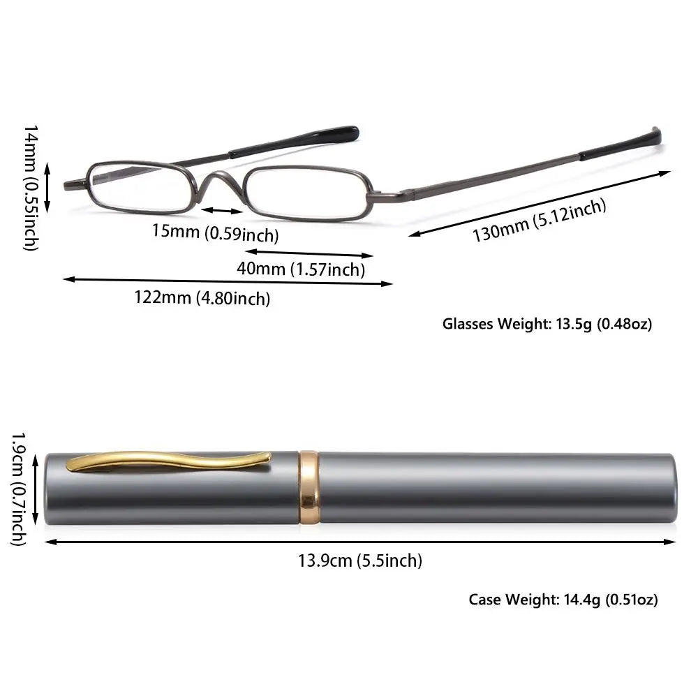 Compact Spring Hinged Men Women Eyeglasses Readers with Pen Clip Tube Case Slim Pen Reading Glasses Slim Reading Glasses Quake