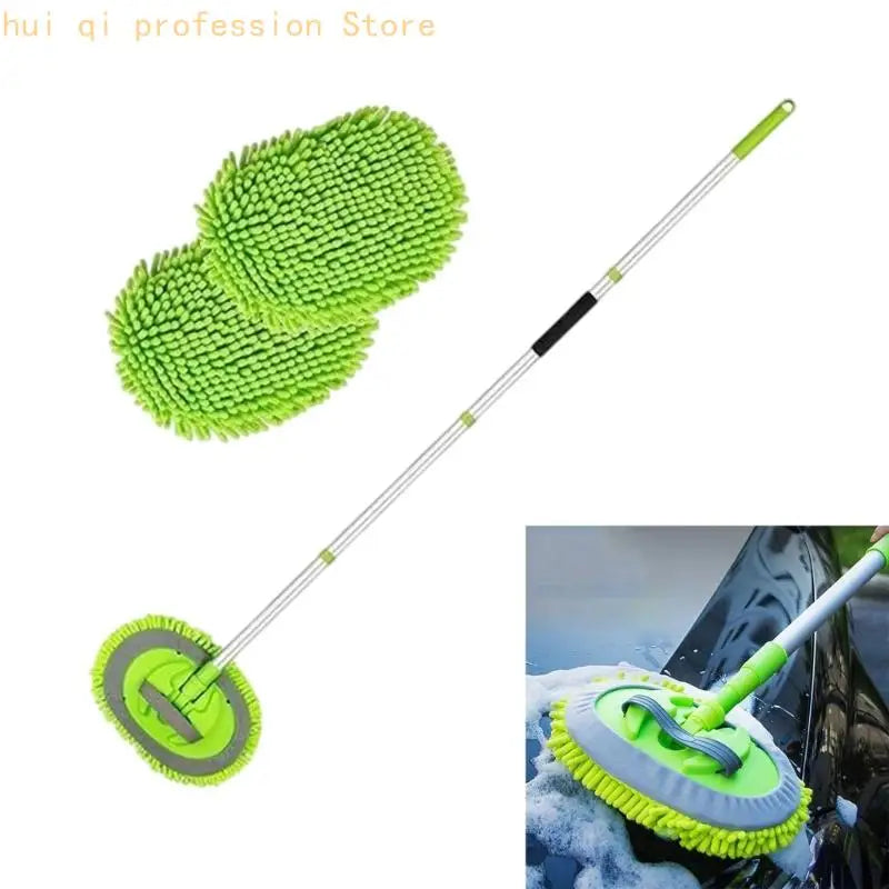 Rotating Car Cleaning Mop With Fiber Head, Long Segmented Handle and Grip Zone for Reaching Curved Exterior Sections on SUVs and Quake CN