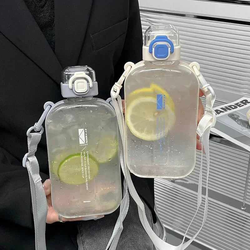 Flat Square Transparent Water Bottle Portable Travel Canteen with Adjustable Strap Elegant Slim Bottle for Sport Camping Quake