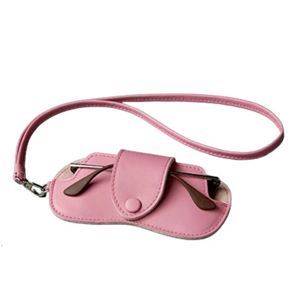 PU Leather Sunglasses Storage Bag with Lanyard Durable Sunglasses Pouch Solid Color Portable SunGlasses Holder Quake Pink