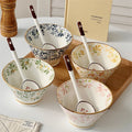 Ceramic Hat-shaped Bowl Spoon Set，Four Seasons Floral Pattern，Oven Microwave Safe, Noodles Salad Soup Dessert Hot Pot Picnic BBQ Quake Fourbowls with spoon