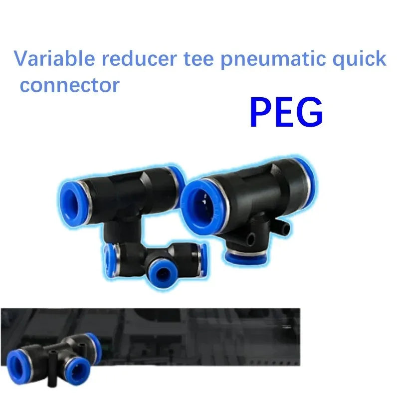 PEG Pneumatic Air Connector Quick Fitting Tee Reducer 3 Way T-shaped Plastic Pipe Hose Connector 6-4/8-6/10-8/10-6/12-8/12-10 Quake