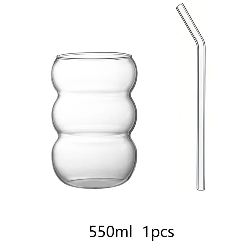 YWDL Transparent Glass Cup with Straw 350/550ml Cold Coffee Dessert Juice Milk Drinkware Mug Party Cocktail Teacup Quake 550ml 1pcs 350-550ml