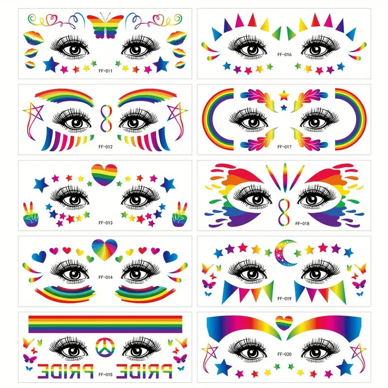 10pcs Diversity in Love and Identity Pride Rainbow Face Tattoo Waterproof,Butterfly&Heart Designs For Pride Parade&Celebrations Quake 10pcs Tattoo