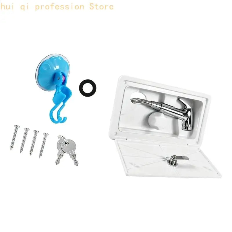 Lockable Motorhome Shower Box with Recessed Storage Compartment, Hose Sprayer, Keys and Hot Cold Water Control H8WE Quake