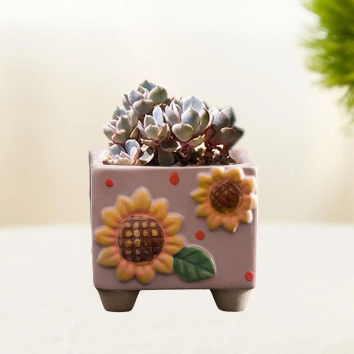 Ceramic Sunflower Planter Decorative Plant Pot Housewarming Gift Tabletop Ornament Small Square Flower Pot for Desk Shelf Quake Pink