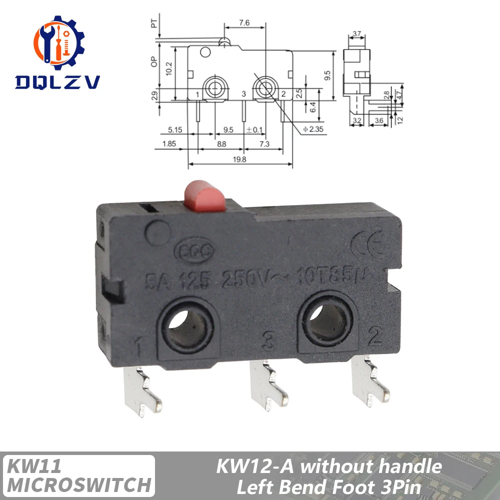 5A 125V250V KW12 Travel Limit Switch KW11-3Z-2 With Handle 16mm Contact Button Micro switch KW12-N 2Pin/3Pin KW12-A NO/NC Quake Left bend Rodless 10PCS