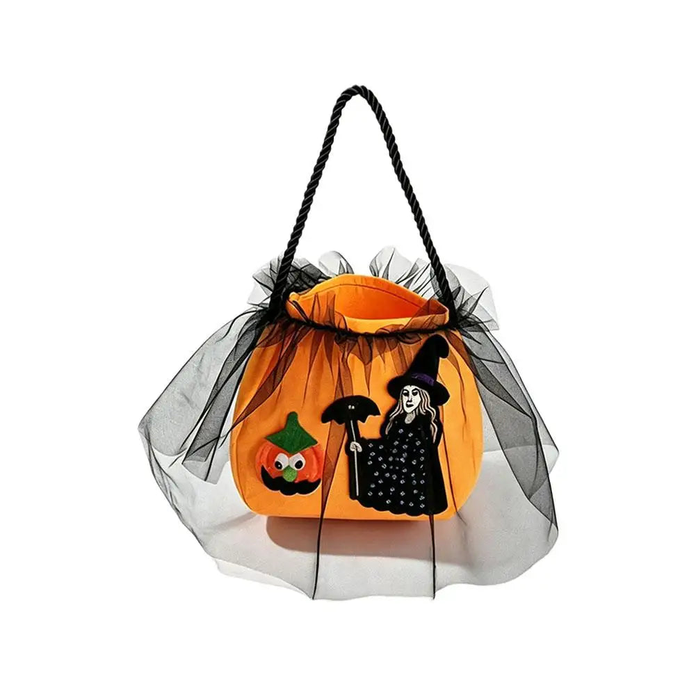 Halloween Princess Candy Bag Witch Pumpkin Embroidered Mesh Tote Drawstring Treat Holder Party Costume Accessory Quake Orange A