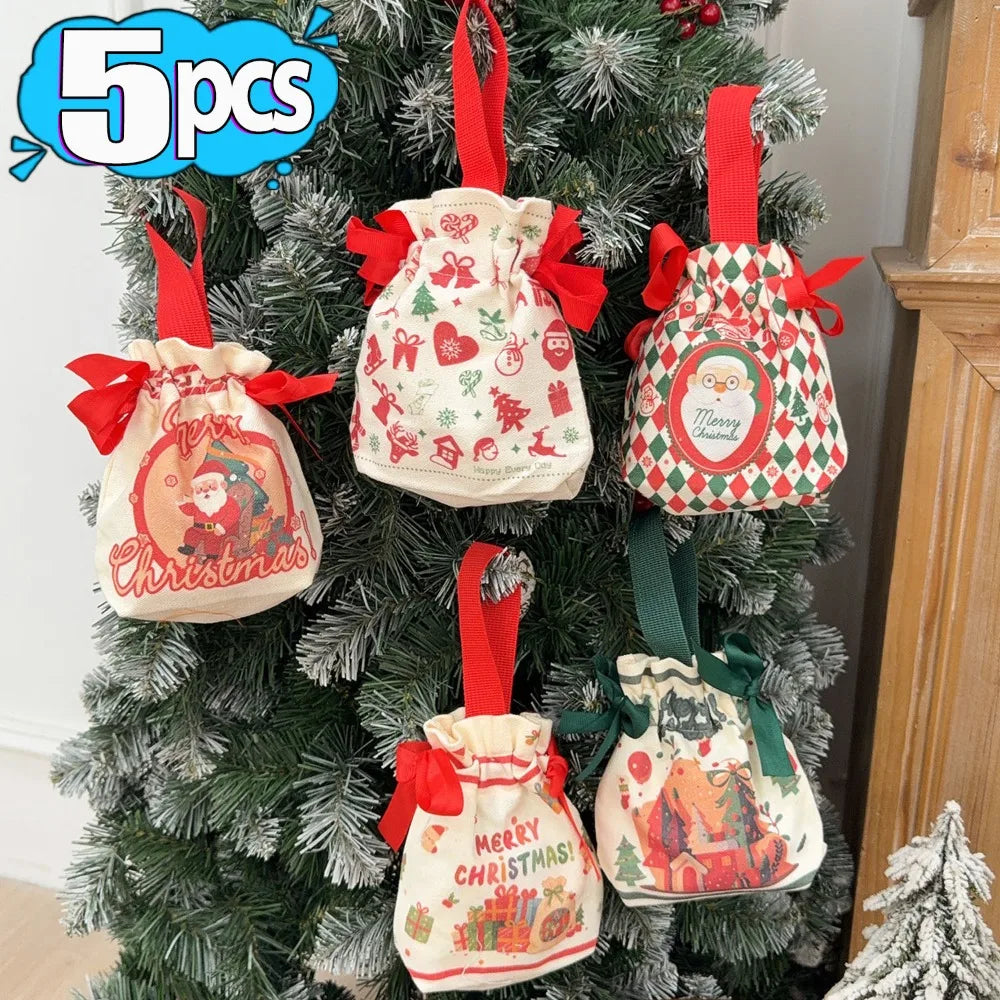 5/1PCS Christmas Candy Bags Drawstring Gift Bags Santa Claus Xmas Tree Cookies Packing Handbag New Year Xmas Table Decorations Quake