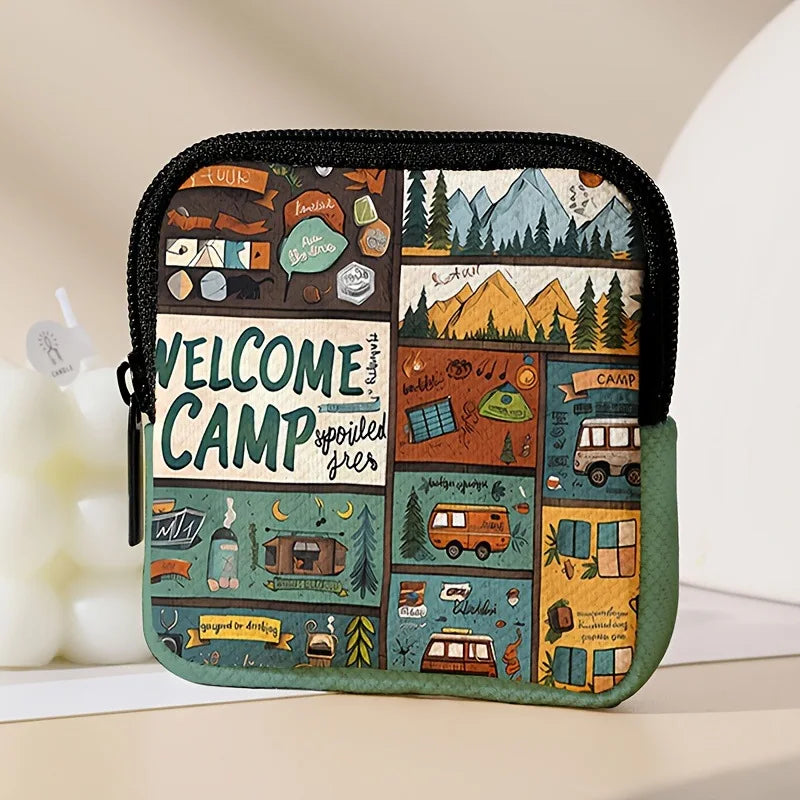 Camp print coin purse faux leather waterproof imitation leather zipper storage bag multifunctional mini earphone case Quake