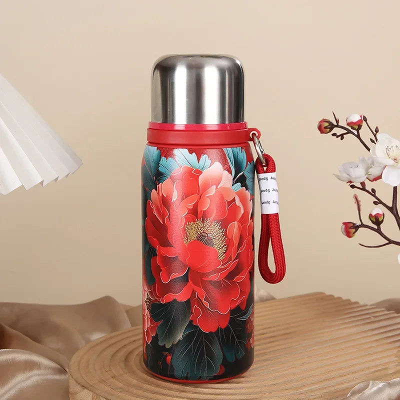 Retro and Bustling High-value Insulated Cup with Creative Rose Pattern Double-layer Water Cup Car Portable Drawstring Stew Cup Quake