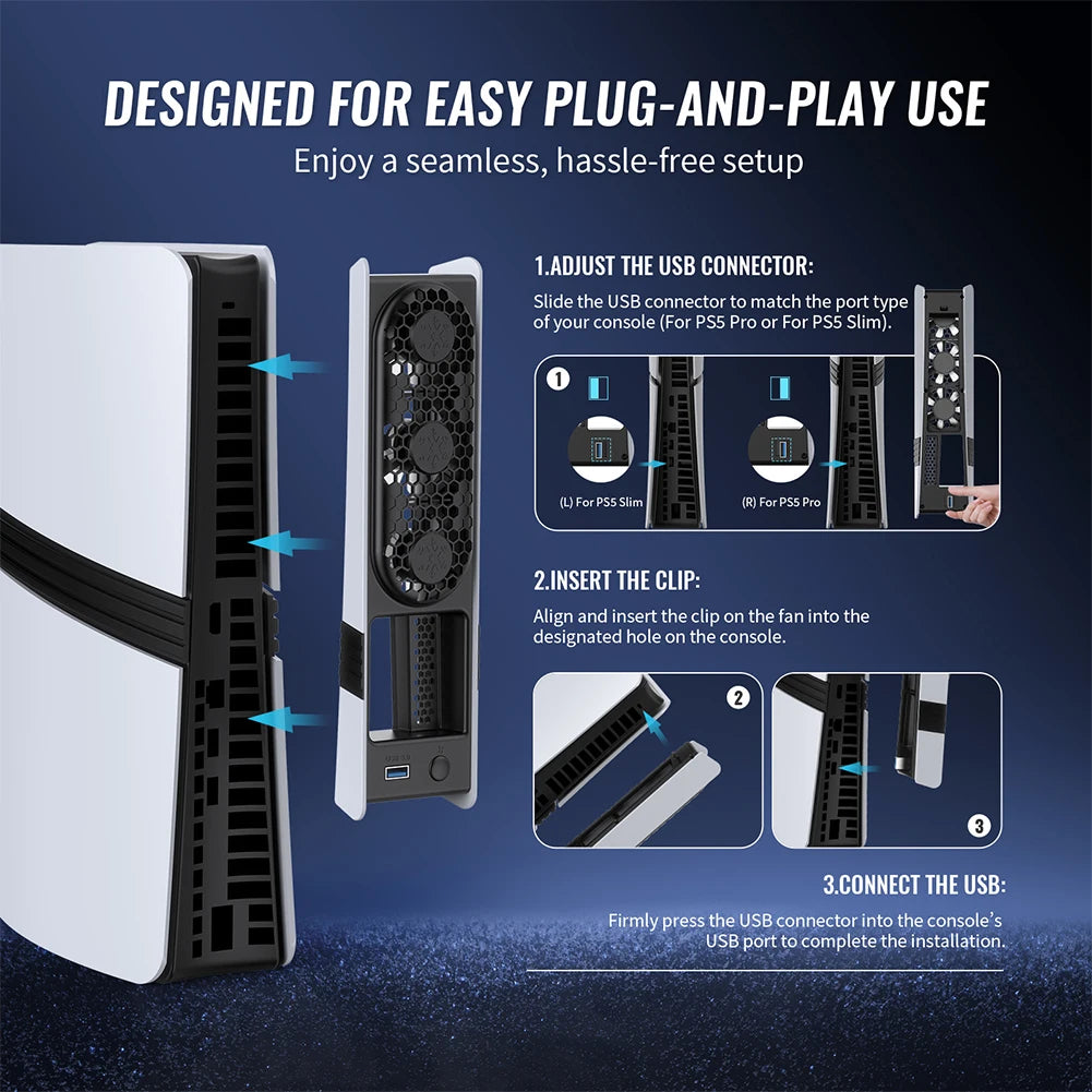 For PS5 Pro/PS5 Slim Cooling Fan External Fan Cooler with USB Port & RGB Light for Playstation 5 Pro/Slim Disc & Digital Edition Quake