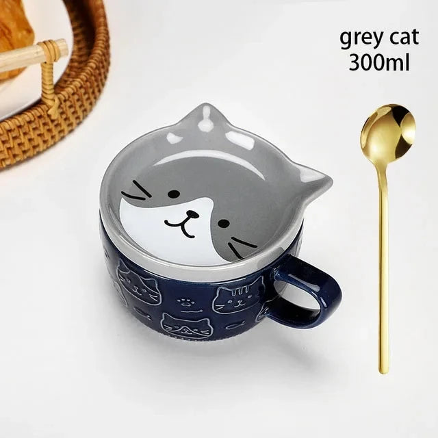 YWDL Japanese Cartoon Cat Coffee Mug With Animal Cat Pattern Lid Small Dish Cute Breakfast Cup Creative Coffee Cup Milk Cup Gift Quake grey cat 301-400ml