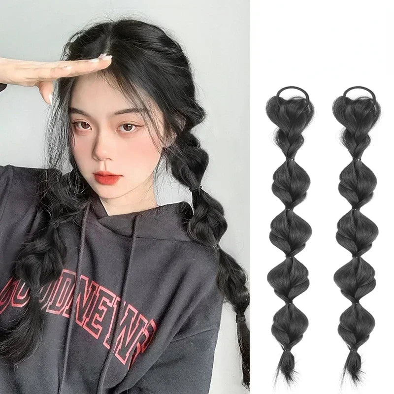 2 Pcs/set Synthetic Bubble Twist Ponytail High Elastic Wig Women Hair Side Natural Lantern Wig Braid Black Hous Tail Hairpiece Quake 2pcs natural black