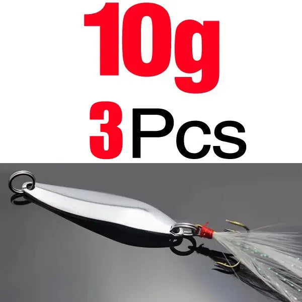 Topranc 5g 7g 10g 13g 18g 21g Metal Spinner Spoon Fishing Lure Hard Baits Sequins Noise Paillette with Feather Treble Hook Quake 10g