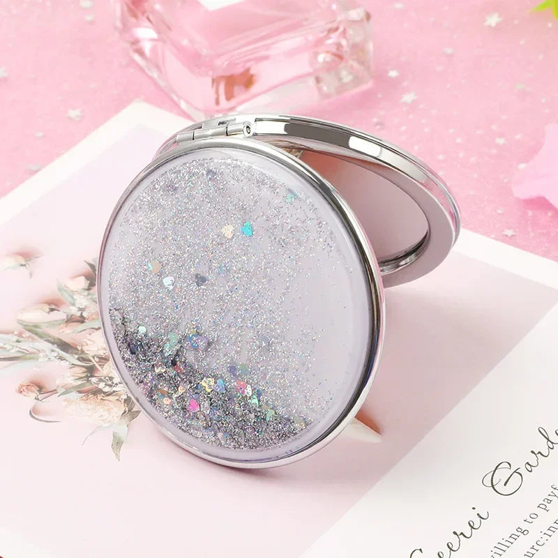 Portable Double-Sided Folding Makeup Mirror Women Gifts with Flowing Sparkling Sand Mini Cosmetic Mirror Compact Pocket Mirrors Quake round sliver