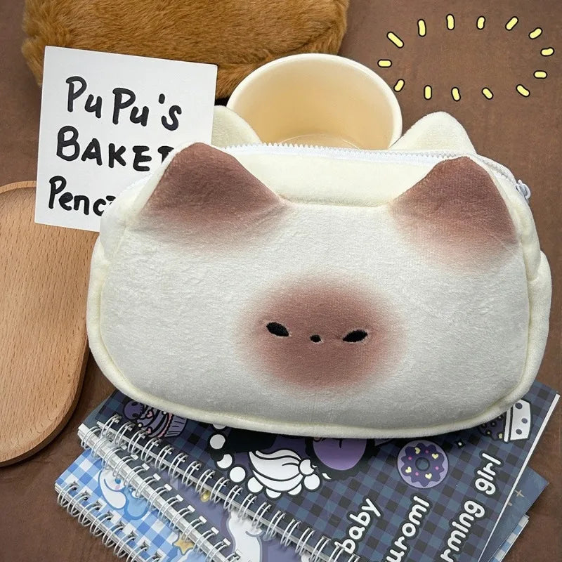 1pcs Cute Siamese Cat Plush Pencil Case Cartoon Kitten Design Stationery Pouch for Students and Office Use Quake