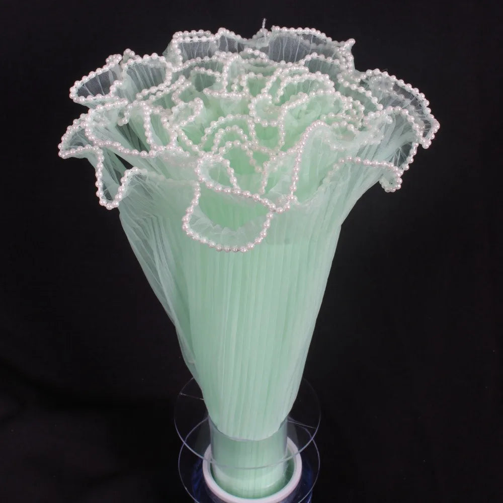 28cmx4Yards Flower Bouquet Wrapping Lace Mesh Material Pearl Wave Yarn Florist Packaging Pearl Edges Flower Wrapping Paper Quake Green one size