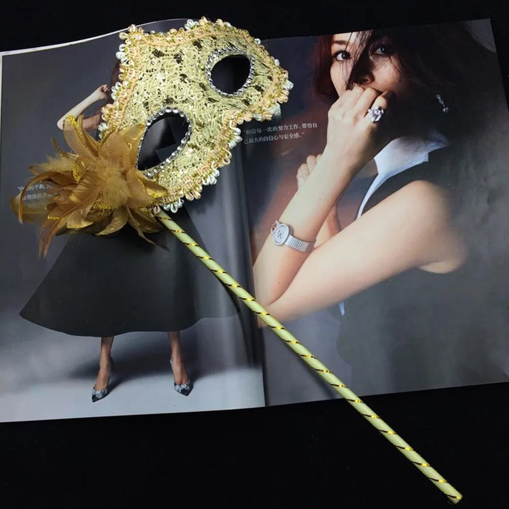 Stick Side Feather Flower Handheld Masquerade Masks Festival Costume Party With Holding Stick Translucent Half Face Mask Feather Quake Gold