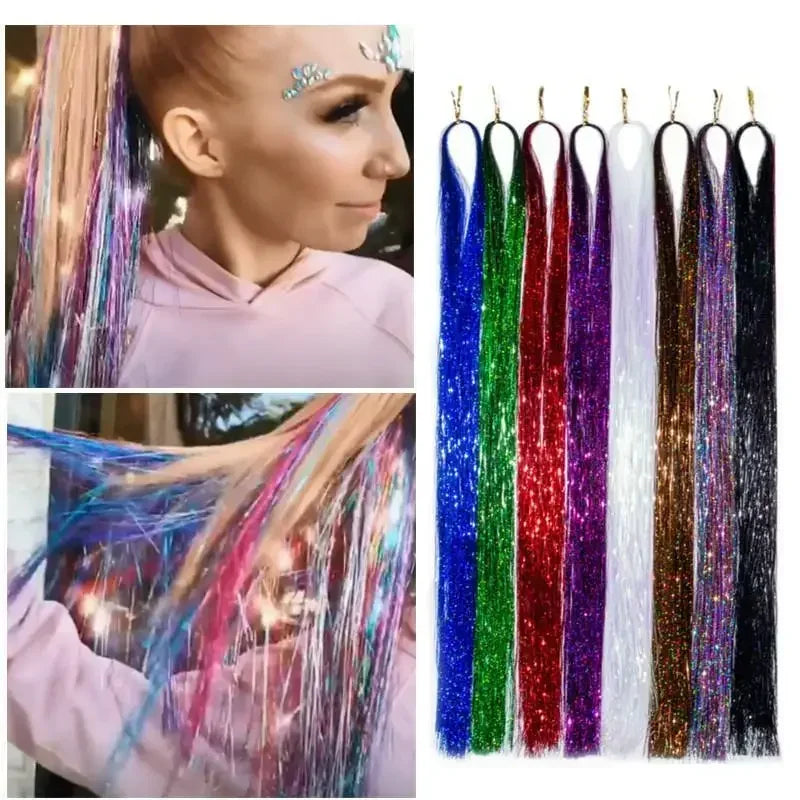 93cm/100cm Holographic Hair Extensions Accessories Glitter Hair Tinsel Sparkle Shiny 120 Strands Bling Twinkle Hair Extensions Quake