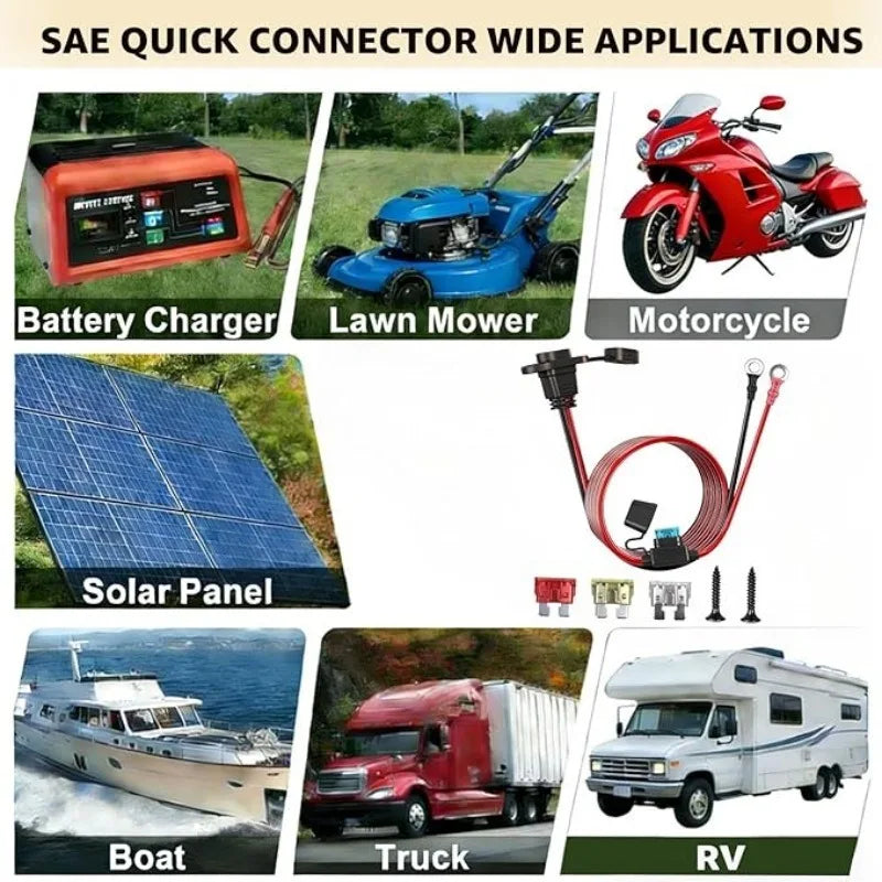 12AWG Heavy‑Duty SAE Sidewall Port with Fuse/Dust Cap Quick Disconnect Cord to O‑Ring Terminal for Motorcycle Battery Charging Quake