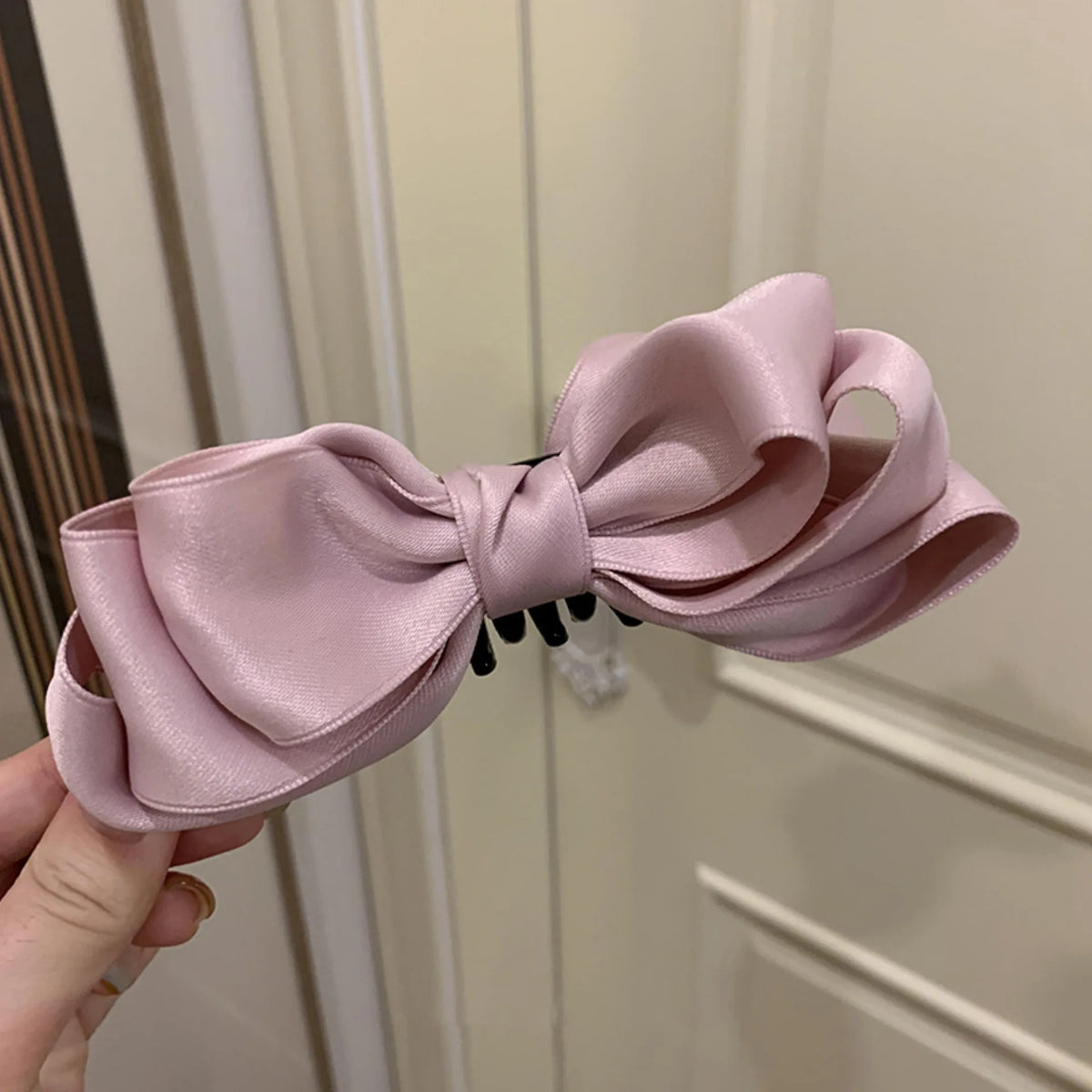 Korean Double-sided Pink Satin Bow Banana Clip Ballet Style Back Head Ponytail Women Girls Hair Styling Vertical Clip Headband Quake pk