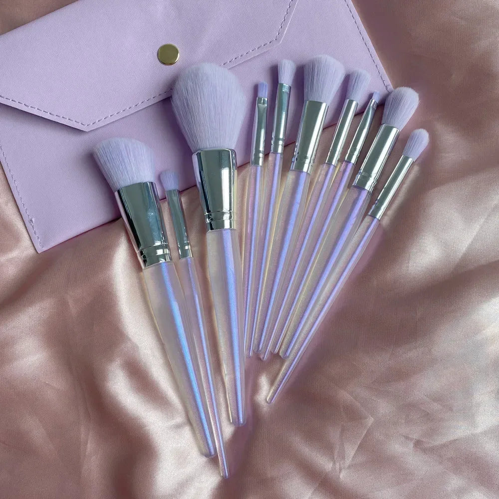 10pcs Crystal Handle Purple Makeup Brush with Makeup Bag Eye Shadow Loose Powder Foundation Sculpting Highlighter Eyebrow Brush Quake