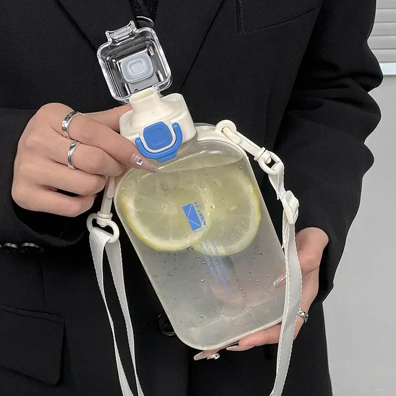 Flat Square Transparent Water Bottle Portable Travel Canteen with Adjustable Strap Elegant Slim Bottle for Sport Camping Quake