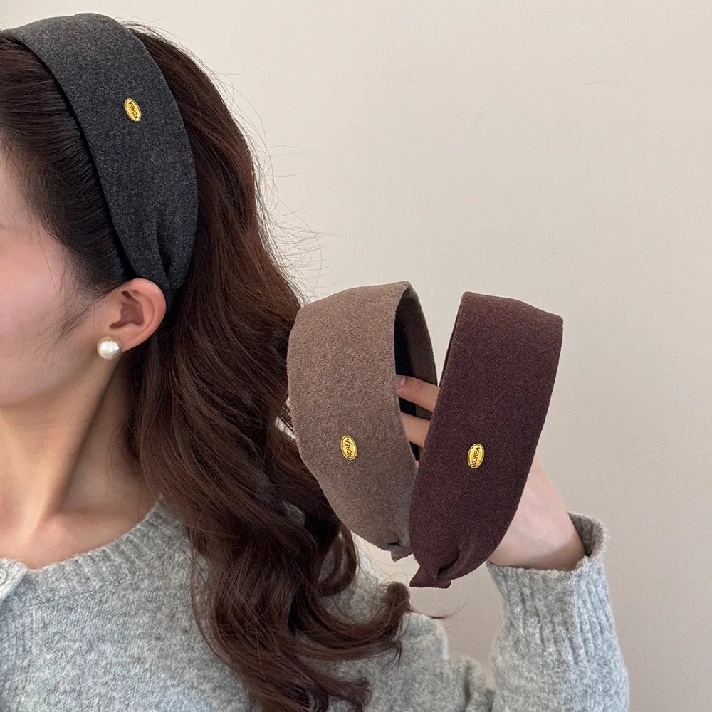 Woolen Fabric Wide Edge Headband Gold Label Headband Women Ladies Girls Daily Party Headwear Fashion Versatile Female Hairbands Quake