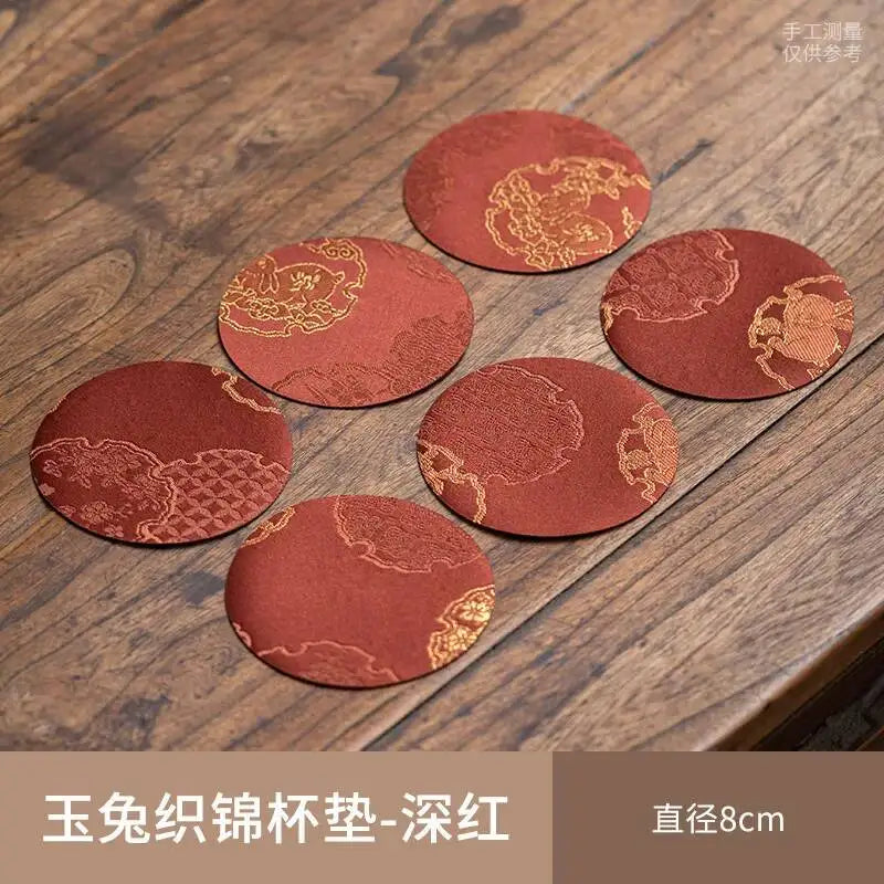 Chinese Tea Set Brocade Coaster Double-Sided Cup Mat Fabric Round Heat Insulation Mat Teapot Mat Diameter 8cm Traditional Quake Set of 6 - Dark Red