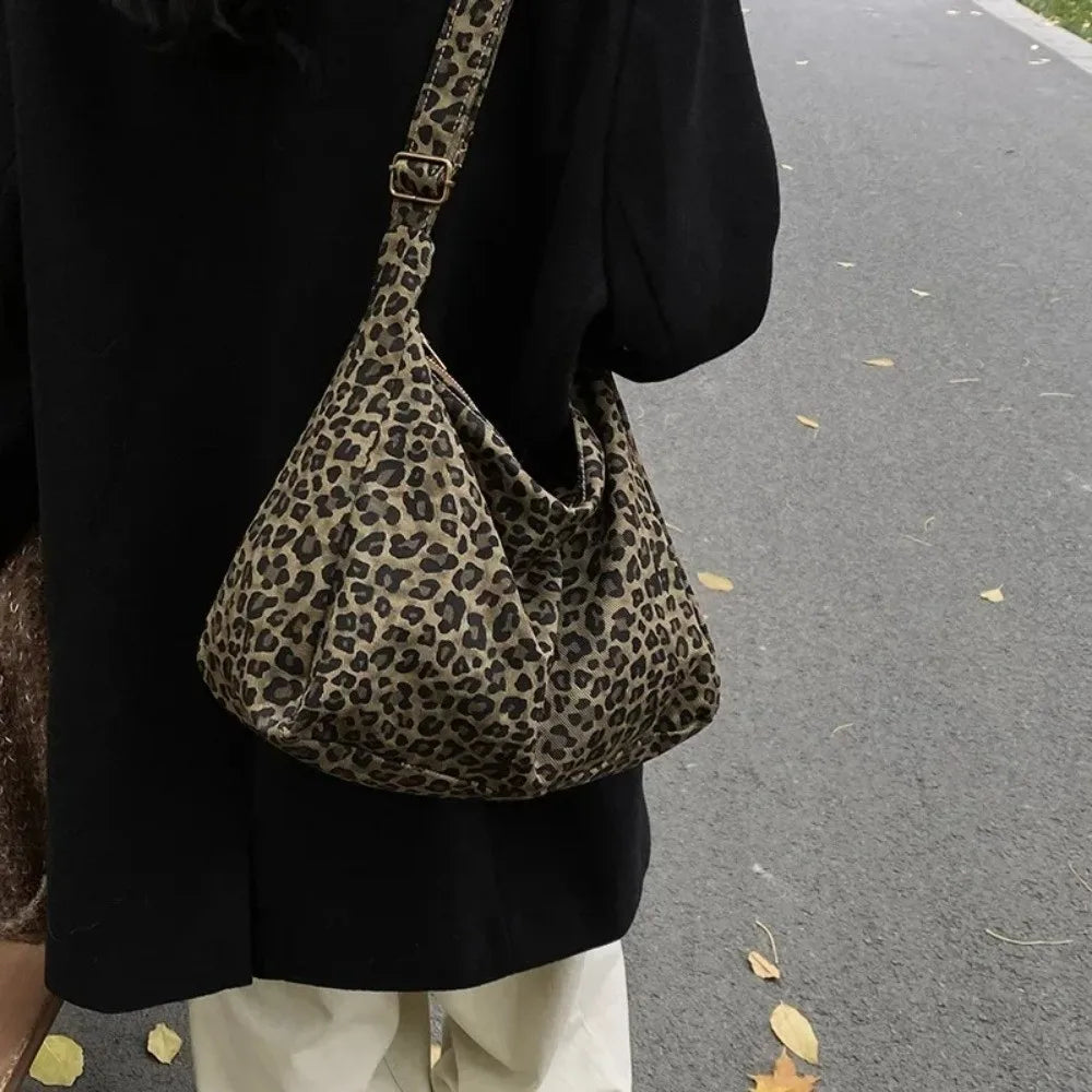 New Soft Textile Women's Shoulder Bag Large Capacity Adjustable Strap Leopard Print Bag Tote Handbag Quake