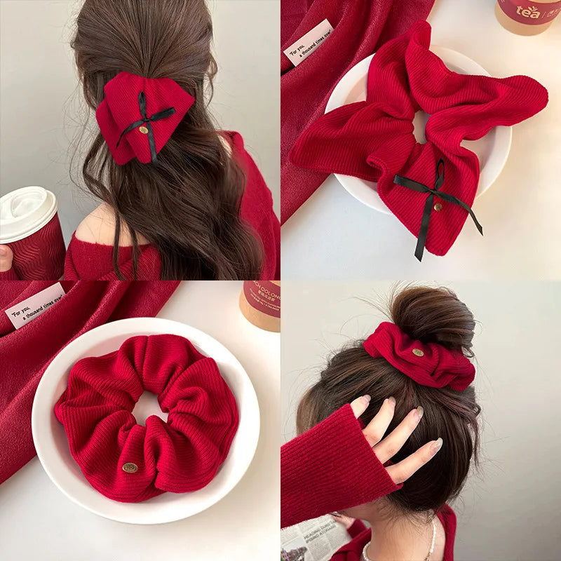 Red Hair Scrunchies Women Girls Sweet Hair Rope Ties Christmas Hair Accessories Elastic Headbands Ponytail Holder Rubber Bands Quake