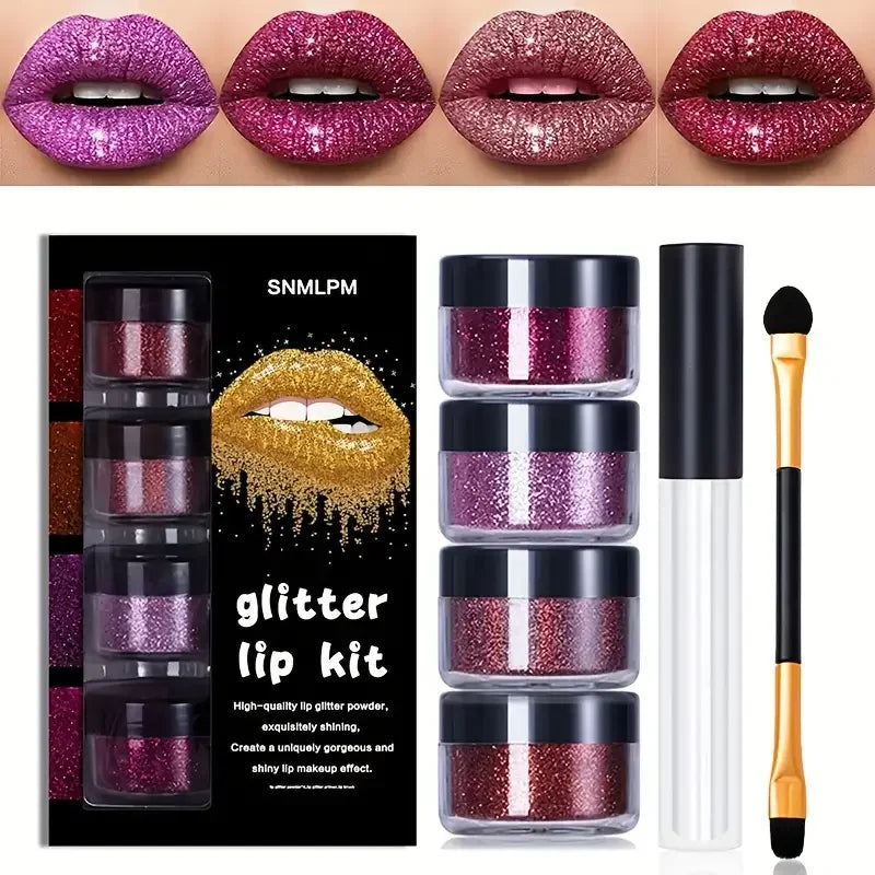 4Color Glitter Lip Kit-Long-Lasting Glitter Lipstick with Base and Brush,Multi-Use Lips,Face,Body,Eye,Hair-Adults,All Skin Types Quake 01