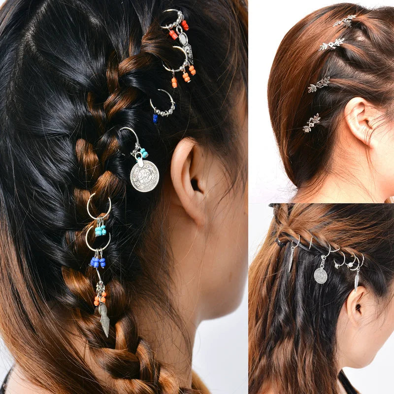 5-10pcs/set Hair Braids Tools Hair Accessories Personality DIY Pendant Coin Ring Leaves Pendant Rings Decor Braiding Hair Braids Quake