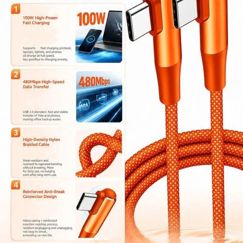 Type C to Type C Charging Cable 100W Output USB C Data Cable Nylon Braided Construction Wide Compatibility K1KF Quake