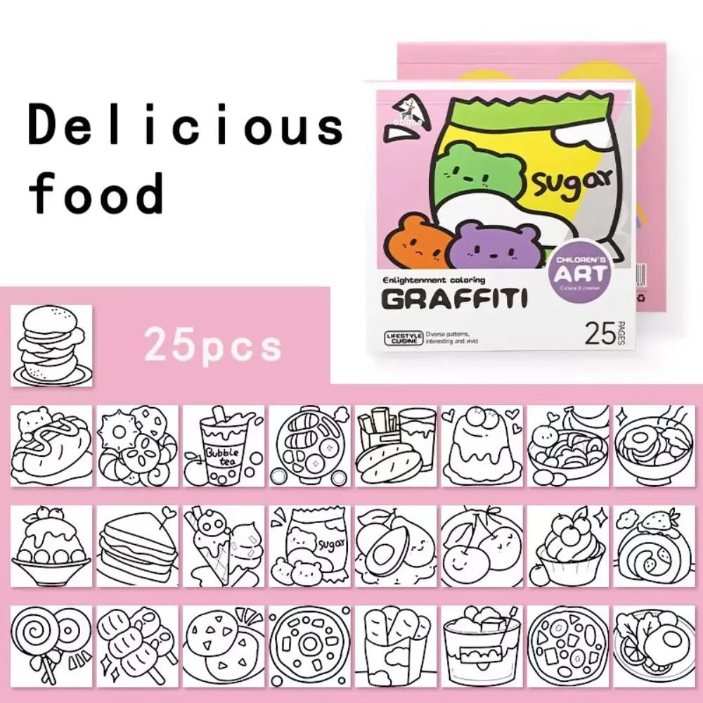 DIY Mini Cartoon Coloring Book 25Sheets Portable Watercolor Coloring Book Note Coloring Painting Album Drawing Practice Quake