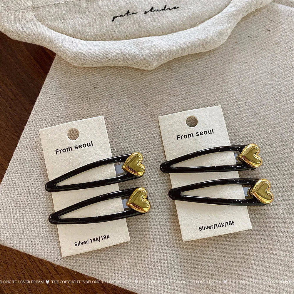 Golden Heart-shaped Black BB Clip Korean Fashion Simple Forehead Bangs Side Clip Women Girls Versatile Hair Styling Accessories Quake