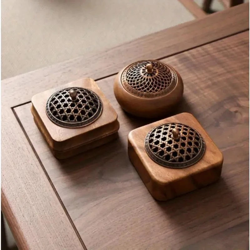 Walnut Square Aromatherapy Incense Burner Hollow Wooden Box Home Indoor Sandalwood Coil Incense Desktop Ornament Quake