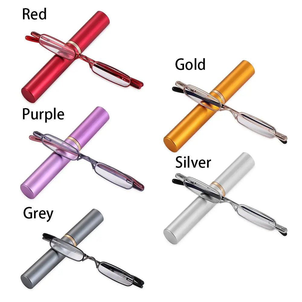 Compact Spring Hinged Men Women Eyeglasses Readers with Pen Clip Tube Case Slim Pen Reading Glasses Slim Reading Glasses Quake